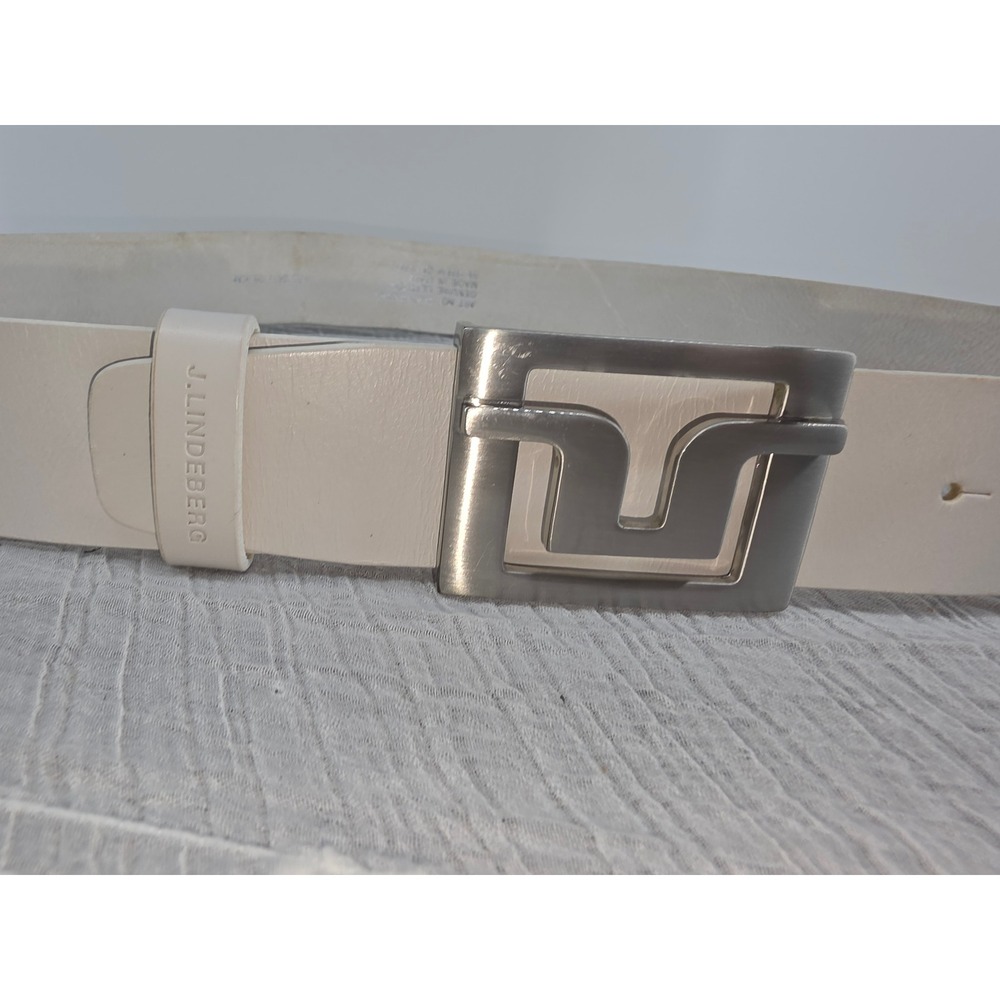 J.Lindeberg Mens White Leather Bridge Logo Buckle Belt Size 34 Made in Italy